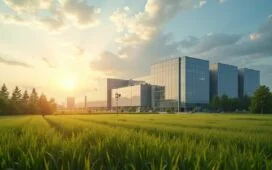 Ein strahlend sonniger Tag zeigt ein modernes Rechenzentrum, eingebettet in die weitläufige, grüne Landschaft eines ehemaligen Atomkraftwerks, wo sanftes Tageslicht die klaren Konturen von Rechenracks und umliegender Infrastruktur beleuchtet und eine warm einladende Atmosphäre der digitalen Zukunft und nachhaltigen Transformation schafft.