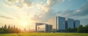 Ein strahlend sonniger Tag zeigt ein modernes Rechenzentrum, eingebettet in die weitläufige, grüne Landschaft eines ehemaligen Atomkraftwerks, wo sanftes Tageslicht die klaren Konturen von Rechenracks und umliegender Infrastruktur beleuchtet und eine warm einladende Atmosphäre der digitalen Zukunft und nachhaltigen Transformation schafft.
