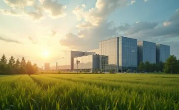 Ein strahlend sonniger Tag zeigt ein modernes Rechenzentrum, eingebettet in die weitläufige, grüne Landschaft eines ehemaligen Atomkraftwerks, wo sanftes Tageslicht die klaren Konturen von Rechenracks und umliegender Infrastruktur beleuchtet und eine warm einladende Atmosphäre der digitalen Zukunft und nachhaltigen Transformation schafft.