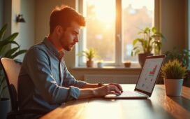 Ein helles, einladendes Büro mit natürlich warmem Sonnenlicht durch große Fenster, in dem ein junger, konzentrierter E-Commerce-Experte an einem modernen Laptop arbeitet, während auf dem Bildschirm schemenhaft dynamische Diagramme und Produktempfehlungen zu erkennen sind – ein Sinnbild für die smarte KI-gestützte Revolution im Onlinehandel.