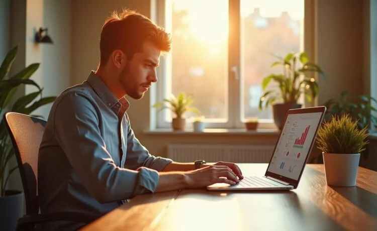 Ein helles, einladendes Büro mit natürlich warmem Sonnenlicht durch große Fenster, in dem ein junger, konzentrierter E-Commerce-Experte an einem modernen Laptop arbeitet, während auf dem Bildschirm schemenhaft dynamische Diagramme und Produktempfehlungen zu erkennen sind – ein Sinnbild für die smarte KI-gestützte Revolution im Onlinehandel.