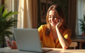 Eine helle, moderne Szene mit einer lächelnden Frau, die entspannt an einem sonnendurchfluteten Tisch sitzt, während sie mit ihrem Laptop und Smartphone eine intuitive, KI-gestützte Einkaufsberatung nutzt – das natürliche Licht betont die warme Atmosphäre eines mühelosen Online-Shopping-Erlebnisses.