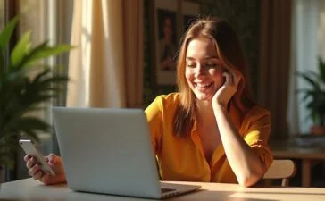 Eine helle, moderne Szene mit einer lächelnden Frau, die entspannt an einem sonnendurchfluteten Tisch sitzt, während sie mit ihrem Laptop und Smartphone eine intuitive, KI-gestützte Einkaufsberatung nutzt – das natürliche Licht betont die warme Atmosphäre eines mühelosen Online-Shopping-Erlebnisses.