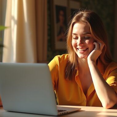 Eine helle, moderne Szene mit einer lächelnden Frau, die entspannt an einem sonnendurchfluteten Tisch sitzt, während sie mit ihrem Laptop und Smartphone eine intuitive, KI-gestützte Einkaufsberatung nutzt – das natürliche Licht betont die warme Atmosphäre eines mühelosen Online-Shopping-Erlebnisses.