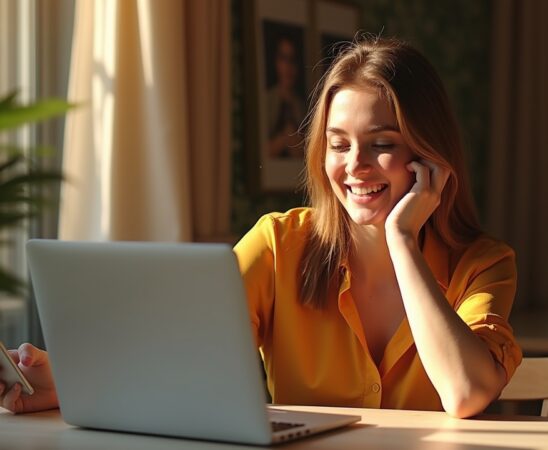 Eine helle, moderne Szene mit einer lächelnden Frau, die entspannt an einem sonnendurchfluteten Tisch sitzt, während sie mit ihrem Laptop und Smartphone eine intuitive, KI-gestützte Einkaufsberatung nutzt – das natürliche Licht betont die warme Atmosphäre eines mühelosen Online-Shopping-Erlebnisses.