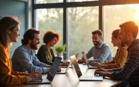 In einem modernen, hell erleuchteten Büro mit großen Fenstern sitzt eine vielfältige Gruppe von Berufstätigen entspannt und konzentriert an ihren Laptops, während warmes Tageslicht freundlich auf ihre Gesichter fällt und den optimistischen Wandel durch KI am Arbeitsplatz symbolisiert.