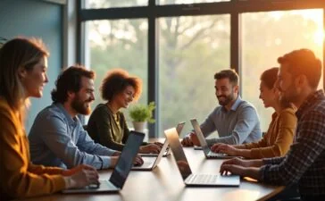 In einem modernen, hell erleuchteten Büro mit großen Fenstern sitzt eine vielfältige Gruppe von Berufstätigen entspannt und konzentriert an ihren Laptops, während warmes Tageslicht freundlich auf ihre Gesichter fällt und den optimistischen Wandel durch KI am Arbeitsplatz symbolisiert.