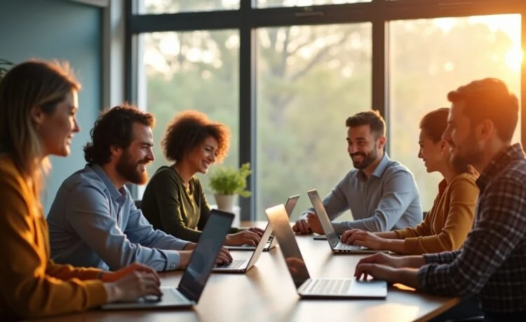 In einem modernen, hell erleuchteten Büro mit großen Fenstern sitzt eine vielfältige Gruppe von Berufstätigen entspannt und konzentriert an ihren Laptops, während warmes Tageslicht freundlich auf ihre Gesichter fällt und den optimistischen Wandel durch KI am Arbeitsplatz symbolisiert.