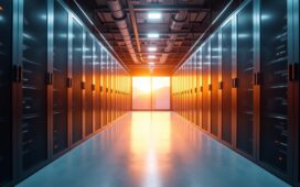 Ein hell erleuchteter, moderner Serverraum mit glänzenden, dicht nebeneinander stehenden Rechenzentrumsschächten, in dem warmes Tageslicht durch große Fenster fällt und die futuristische, energieoptimierte Technik in einer freundlichen Atmosphäre betont wird, während im Vordergrund eine nachdenkliche IT-Fachkraft mit lächelndem Blick die digitale Zukunft Deutschlands verkörpert.