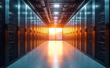 Ein hell erleuchteter, moderner Serverraum mit glänzenden, dicht nebeneinander stehenden Rechenzentrumsschächten, in dem warmes Tageslicht durch große Fenster fällt und die futuristische, energieoptimierte Technik in einer freundlichen Atmosphäre betont wird, während im Vordergrund eine nachdenkliche IT-Fachkraft mit lächelndem Blick die digitale Zukunft Deutschlands verkörpert.