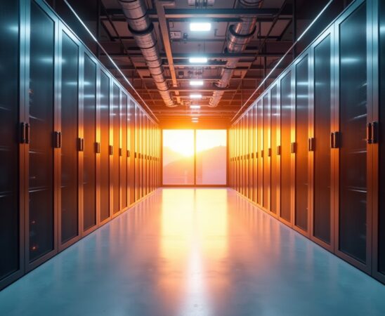 Ein hell erleuchteter, moderner Serverraum mit glänzenden, dicht nebeneinander stehenden Rechenzentrumsschächten, in dem warmes Tageslicht durch große Fenster fällt und die futuristische, energieoptimierte Technik in einer freundlichen Atmosphäre betont wird, während im Vordergrund eine nachdenkliche IT-Fachkraft mit lächelndem Blick die digitale Zukunft Deutschlands verkörpert.
