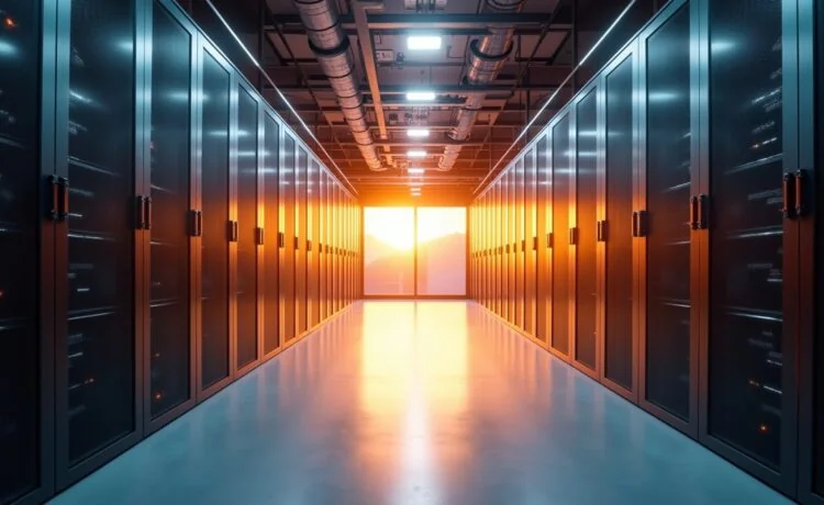 Ein hell erleuchteter, moderner Serverraum mit glänzenden, dicht nebeneinander stehenden Rechenzentrumsschächten, in dem warmes Tageslicht durch große Fenster fällt und die futuristische, energieoptimierte Technik in einer freundlichen Atmosphäre betont wird, während im Vordergrund eine nachdenkliche IT-Fachkraft mit lächelndem Blick die digitale Zukunft Deutschlands verkörpert.
