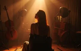 Eine helle, atmosphärische Aufnahme in einem modernen Musikstudio, in dem eine nachdenkliche Musikerin mit warmem Lächeln vor einem Mischpult sitzt, umgeben von Instrumenten und sanftem Tageslicht, das eine harmonische Verbindung zwischen kreativer Schaffenskraft und technologischem Fortschritt symbolisiert.