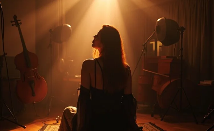 Eine helle, atmosphärische Aufnahme in einem modernen Musikstudio, in dem eine nachdenkliche Musikerin mit warmem Lächeln vor einem Mischpult sitzt, umgeben von Instrumenten und sanftem Tageslicht, das eine harmonische Verbindung zwischen kreativer Schaffenskraft und technologischem Fortschritt symbolisiert.