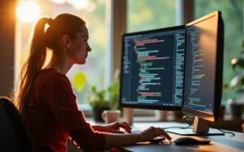 Ein hell erleuchteter, moderner Arbeitsplatz mit Entwickler*in vor einem großen Monitor, der konzentriert asynchronen Code schreibt, im warmen Tageslicht einer offenen Büroumgebung, die durch natürliche Details und freundliche Farben eine einladende und inspirierende Atmosphäre für innovative KI-gestützte Zusammenarbeit vermittelt.