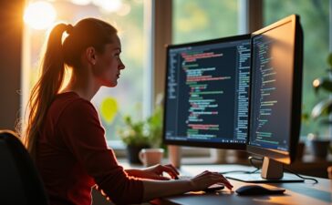 Ein hell erleuchteter, moderner Arbeitsplatz mit Entwickler*in vor einem großen Monitor, der konzentriert asynchronen Code schreibt, im warmen Tageslicht einer offenen Büroumgebung, die durch natürliche Details und freundliche Farben eine einladende und inspirierende Atmosphäre für innovative KI-gestützte Zusammenarbeit vermittelt.