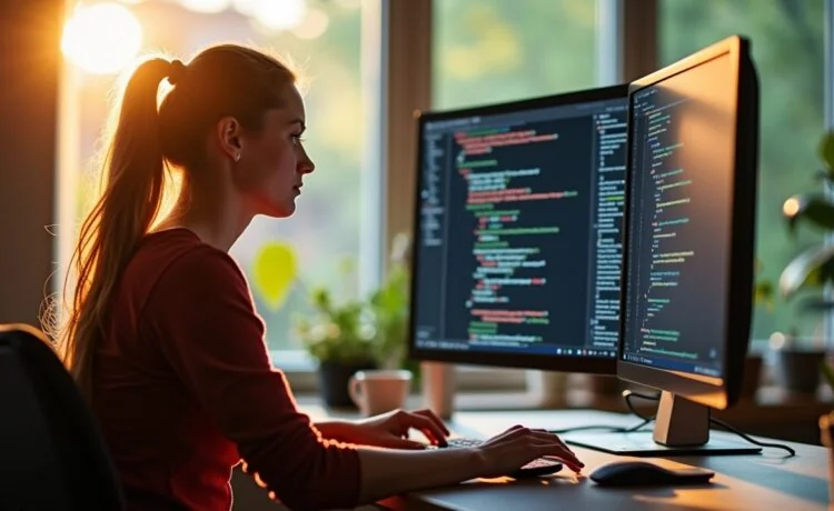 Ein hell erleuchteter, moderner Arbeitsplatz mit Entwickler*in vor einem großen Monitor, der konzentriert asynchronen Code schreibt, im warmen Tageslicht einer offenen Büroumgebung, die durch natürliche Details und freundliche Farben eine einladende und inspirierende Atmosphäre für innovative KI-gestützte Zusammenarbeit vermittelt.