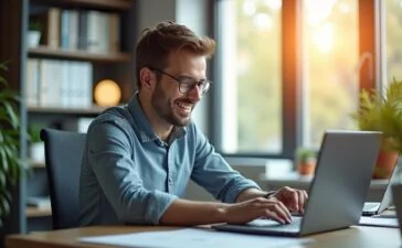 Ein hell erleuchtetes, modernes Büro mit freundlicher Atmosphäre, in dem ein konzentriert lächelnder IT-Experte an seinem Laptop arbeitet, umgeben von natürlichen Lichtquellen und realistischen Details, die den spannenden Dialog zwischen Technologie, Transparenz und kritischem Denken über KI-Werbung verkörpern.