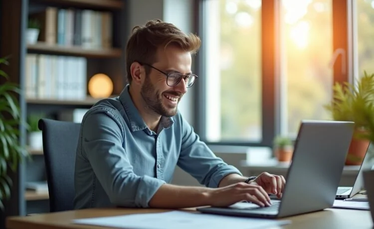 Ein hell erleuchtetes, modernes Büro mit freundlicher Atmosphäre, in dem ein konzentriert lächelnder IT-Experte an seinem Laptop arbeitet, umgeben von natürlichen Lichtquellen und realistischen Details, die den spannenden Dialog zwischen Technologie, Transparenz und kritischem Denken über KI-Werbung verkörpern.