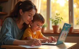 Eine helle, einladende Szene in einem gemütlichen Familienwohnzimmer, in dem ein Elternteil und ein Kind mit liebevollem Lächeln gemeinsam an einem Laptop sitzen und fasziniert an einem individuell gestalteten digitalen Kinderbuch mit bunten, warmen Illustrationen arbeiten, während sanftes Tageslicht durch ein großes Fenster fällt und die kreative Atmosphäre spürbar macht.