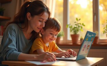 Eine helle, einladende Szene in einem gemütlichen Familienwohnzimmer, in dem ein Elternteil und ein Kind mit liebevollem Lächeln gemeinsam an einem Laptop sitzen und fasziniert an einem individuell gestalteten digitalen Kinderbuch mit bunten, warmen Illustrationen arbeiten, während sanftes Tageslicht durch ein großes Fenster fällt und die kreative Atmosphäre spürbar macht.