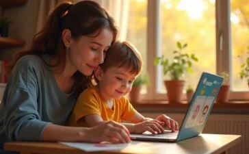 Eine helle, einladende Szene in einem gemütlichen Familienwohnzimmer, in dem ein Elternteil und ein Kind mit liebevollem Lächeln gemeinsam an einem Laptop sitzen und fasziniert an einem individuell gestalteten digitalen Kinderbuch mit bunten, warmen Illustrationen arbeiten, während sanftes Tageslicht durch ein großes Fenster fällt und die kreative Atmosphäre spürbar macht.