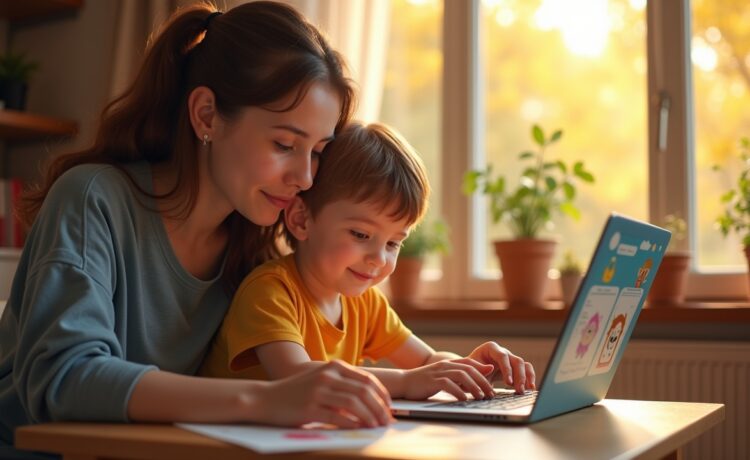 Eine helle, einladende Szene in einem gemütlichen Familienwohnzimmer, in dem ein Elternteil und ein Kind mit liebevollem Lächeln gemeinsam an einem Laptop sitzen und fasziniert an einem individuell gestalteten digitalen Kinderbuch mit bunten, warmen Illustrationen arbeiten, während sanftes Tageslicht durch ein großes Fenster fällt und die kreative Atmosphäre spürbar macht.