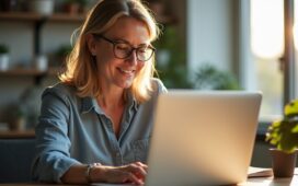 Ein warm beleuchtetes, natürliches Porträt einer nachdenklichen Frau mittleren Alters in einem modernen Büro, die mit einem beruhigenden Lächeln vorsichtig auf den Bildschirm ihres Laptops blickt, umgeben von sanfter Tageslichtstimmung und subtilen Details, die Verantwortung und ethische Reflexion im Umgang mit moderner Technologie symbolisieren.