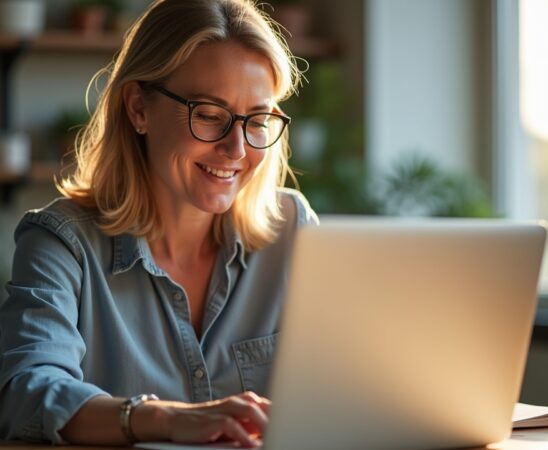 Ein warm beleuchtetes, natürliches Porträt einer nachdenklichen Frau mittleren Alters in einem modernen Büro, die mit einem beruhigenden Lächeln vorsichtig auf den Bildschirm ihres Laptops blickt, umgeben von sanfter Tageslichtstimmung und subtilen Details, die Verantwortung und ethische Reflexion im Umgang mit moderner Technologie symbolisieren.