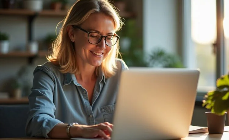 Ein warm beleuchtetes, natürliches Porträt einer nachdenklichen Frau mittleren Alters in einem modernen Büro, die mit einem beruhigenden Lächeln vorsichtig auf den Bildschirm ihres Laptops blickt, umgeben von sanfter Tageslichtstimmung und subtilen Details, die Verantwortung und ethische Reflexion im Umgang mit moderner Technologie symbolisieren.