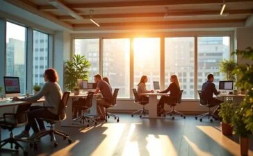 Ein lichtdurchflutetes, modernes Büro mit konzentrierten Entwickler:innen, die in warmer Atmosphäre gemeinsam an hochmodernen Datenvisualisierungen und digitalen Dashboards arbeiten, umgeben von natürlichen Holzelementen und großen Fenstern, die weiches Tageslicht hereinlassen und Innovation sowie kollaborative Zukunftsgestaltung ausstrahlen.