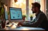 Eine lichtdurchflutete, moderne Arbeitsumgebung mit einem lächelnden UX-Designer am Computer, umgeben von Skizzen und Datenvisualisierungen auf dem Bildschirm, die fokussiert die Analyse von Nutzerkohorten im Webdesign vornehmen – warmes Tageslicht, natürliche Farben und eine einladende Atmosphäre spiegeln kreative Präzision und datengetriebene Gestaltung wider.