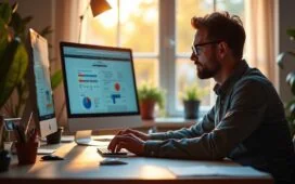 Eine lichtdurchflutete, moderne Arbeitsumgebung mit einem lächelnden UX-Designer am Computer, umgeben von Skizzen und Datenvisualisierungen auf dem Bildschirm, die fokussiert die Analyse von Nutzerkohorten im Webdesign vornehmen – warmes Tageslicht, natürliche Farben und eine einladende Atmosphäre spiegeln kreative Präzision und datengetriebene Gestaltung wider.