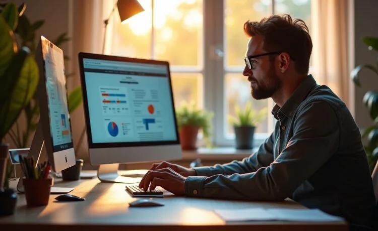 Eine lichtdurchflutete, moderne Arbeitsumgebung mit einem lächelnden UX-Designer am Computer, umgeben von Skizzen und Datenvisualisierungen auf dem Bildschirm, die fokussiert die Analyse von Nutzerkohorten im Webdesign vornehmen – warmes Tageslicht, natürliche Farben und eine einladende Atmosphäre spiegeln kreative Präzision und datengetriebene Gestaltung wider.