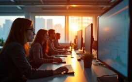 In einem hell erleuchteten modernen Büro strahlen ein Team aus vielfältigen Fachleuten bei der konzentrierten Zusammenarbeit vor großen Bildschirmen, während warmes Tageslicht durch bodentiefe Fenster flutet und die lebendige Atmosphäre von Offenheit, Vernetzung und Innovation einfängt.