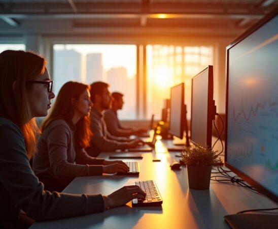 In einem hell erleuchteten modernen Büro strahlen ein Team aus vielfältigen Fachleuten bei der konzentrierten Zusammenarbeit vor großen Bildschirmen, während warmes Tageslicht durch bodentiefe Fenster flutet und die lebendige Atmosphäre von Offenheit, Vernetzung und Innovation einfängt.