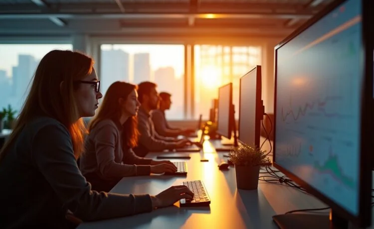 In einem hell erleuchteten modernen Büro strahlen ein Team aus vielfältigen Fachleuten bei der konzentrierten Zusammenarbeit vor großen Bildschirmen, während warmes Tageslicht durch bodentiefe Fenster flutet und die lebendige Atmosphäre von Offenheit, Vernetzung und Innovation einfängt.