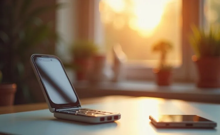 Ein hell erleuchteter, moderner Arbeitsplatz mit einem elegant aufgeklappten, kompakten Flip-Smartphone in sanfter Handhaltung, umgeben von warmem Tageslicht und dezenten Accessoires, die eine freundliche und zukunftsorientierte Stimmung vermitteln.