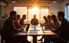 In einem hell erleuchteten, modernen Filmstudio sitzen ein vielfältig besetztes Kreativteam mit Skizzen und Laptops um einen großen Tisch, lebhaft diskutierend über neue Ideen, während warmes Tageslicht durch raumhohe Fenster fällt und die aufgeregte Atmosphäre zwischen technologischem Fortschritt und künstlerischer Leidenschaft spürbar macht.