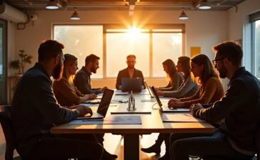 In einem hell erleuchteten, modernen Filmstudio sitzen ein vielfältig besetztes Kreativteam mit Skizzen und Laptops um einen großen Tisch, lebhaft diskutierend über neue Ideen, während warmes Tageslicht durch raumhohe Fenster fällt und die aufgeregte Atmosphäre zwischen technologischem Fortschritt und künstlerischer Leidenschaft spürbar macht.