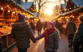 Ein warm beleuchteter, lebhafter Weihnachtsmarkt bei Tageslicht mit fröhlichen Familien, die sich lachend um einen festlich geschmückten Stand versammeln, während sanfte Sonnenstrahlen durch die goldenen Lichterketten fallen und eine einladende, herzliche Atmosphäre schaffen.