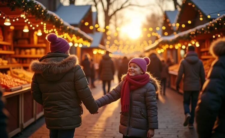 Ein warm beleuchteter, lebhafter Weihnachtsmarkt bei Tageslicht mit fröhlichen Familien, die sich lachend um einen festlich geschmückten Stand versammeln, während sanfte Sonnenstrahlen durch die goldenen Lichterketten fallen und eine einladende, herzliche Atmosphäre schaffen.