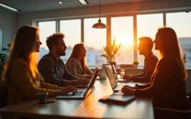 In einem hell erleuchteten, modernen Büroambiente diskutieren fokussierte Investoren in einem freundlichen, von warmem Tageslicht durchfluteten Raum angeregt über die Zukunft von Künstlicher Intelligenz, während dezente technologische Details wie Laptops und Diagramme eine Atmosphäre von Innovation und kritischer Reflexion schaffen.