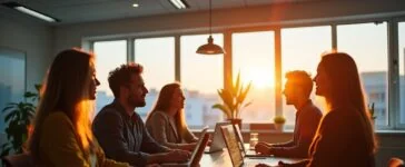 In einem hell erleuchteten, modernen Büroambiente diskutieren fokussierte Investoren in einem freundlichen, von warmem Tageslicht durchfluteten Raum angeregt über die Zukunft von Künstlicher Intelligenz, während dezente technologische Details wie Laptops und Diagramme eine Atmosphäre von Innovation und kritischer Reflexion schaffen.