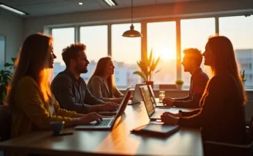 In einem hell erleuchteten, modernen Büroambiente diskutieren fokussierte Investoren in einem freundlichen, von warmem Tageslicht durchfluteten Raum angeregt über die Zukunft von Künstlicher Intelligenz, während dezente technologische Details wie Laptops und Diagramme eine Atmosphäre von Innovation und kritischer Reflexion schaffen.