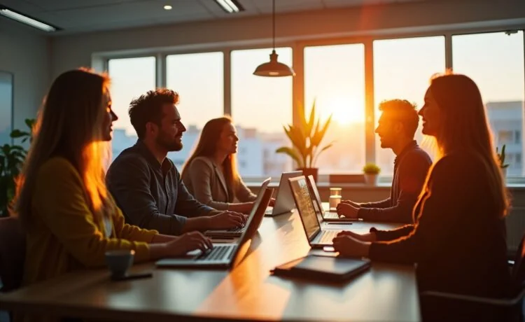 In einem hell erleuchteten, modernen Büroambiente diskutieren fokussierte Investoren in einem freundlichen, von warmem Tageslicht durchfluteten Raum angeregt über die Zukunft von Künstlicher Intelligenz, während dezente technologische Details wie Laptops und Diagramme eine Atmosphäre von Innovation und kritischer Reflexion schaffen.