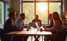 Ein sonnendurchflutetes, modernes Büro mit einem konzentriert lächelnden Expertenteam bei einer lebhaften Besprechung über IT-Sicherheit, umgeben von dezenten technischen Geräten und warmen Holzelementen, die Zuversicht und Zusammenarbeit vermitteln.