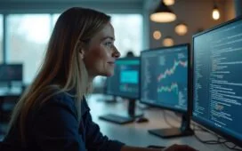 In einem hell erleuchteten, modernen Büro blickt eine fokussierte IT-Sicherheitsfrau mit warmem Lächeln auf mehrere Bildschirme, die komplexe Sicherheitsdaten zeigen, während sanftes Tageslicht durch große Fenster fällt und eine Atmosphäre von Zuversicht und professioneller Entschlossenheit schafft.