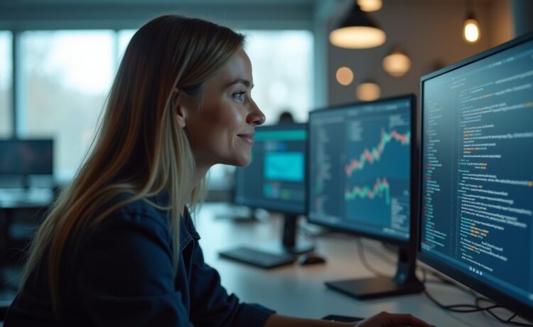 In einem hell erleuchteten, modernen Büro blickt eine fokussierte IT-Sicherheitsfrau mit warmem Lächeln auf mehrere Bildschirme, die komplexe Sicherheitsdaten zeigen, während sanftes Tageslicht durch große Fenster fällt und eine Atmosphäre von Zuversicht und professioneller Entschlossenheit schafft.