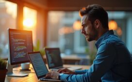 Ein modernes, hell erleuchtetes Büro mit einem konzentrierten IT-Experten, der an einem Laptop arbeitet, umgeben von warmem Tageslicht und sanften Holztönen, während im Hintergrund Bildschirme mit Code und Sicherheitssoftware dezent sichtbar sind und eine Atmosphäre von Verlässlichkeit und digitaler Vorsicht vermitteln.